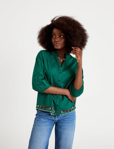 Blouse broderie col v manches 3/4 vert fonc&eacute; femme