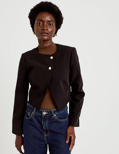 Blazer droit cropped col rond noir femme