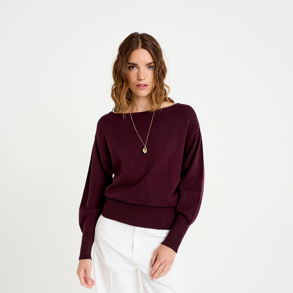 Pull oversize col bateau manches longues prune femme