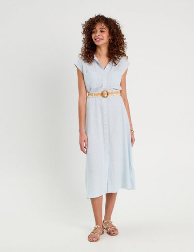 Robe chemise midi contenant du lin bleu femme