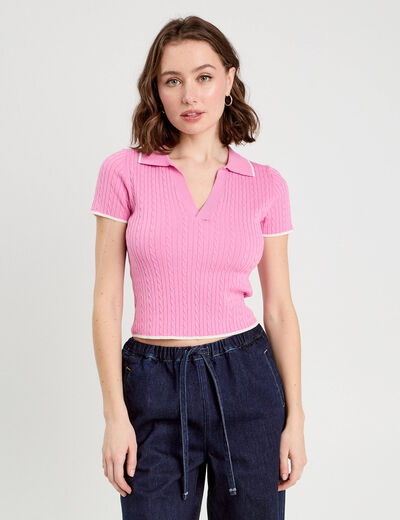 Top col polo manches courtes rose femme