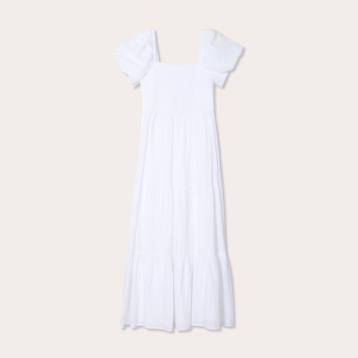 Robe longue évasée smockée blanc femme