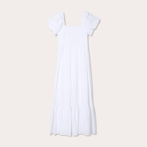 Robe longue évasée smockée blanc femme