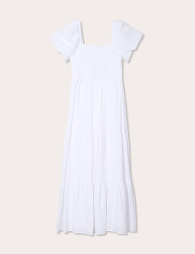 Robe longue évasée smockée blanc femme