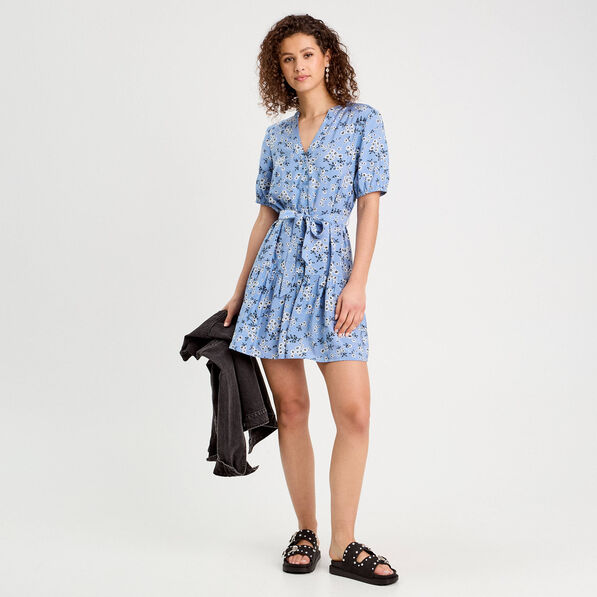 robe evasee ceinturee bleu gris femme Robe évasée ceinturée bleu gris femme