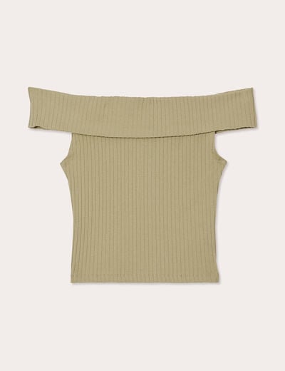 T-shirt manches courtes côtelé vert kaki femme