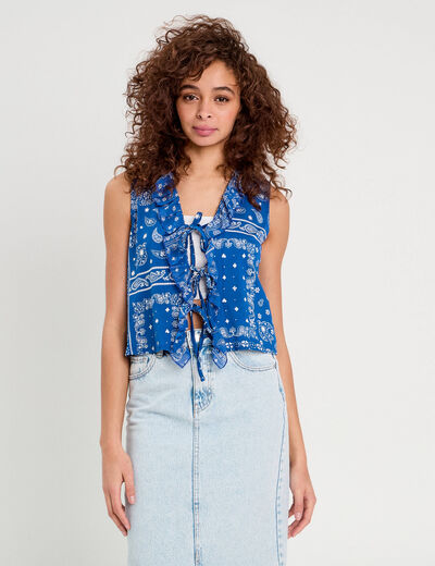 Blouse nouée sans manches bleu femme