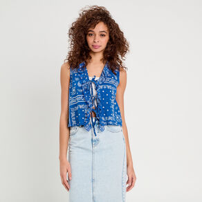 blouse nouee sans manches bleu femme Blouse nouée sans manches bleu femme