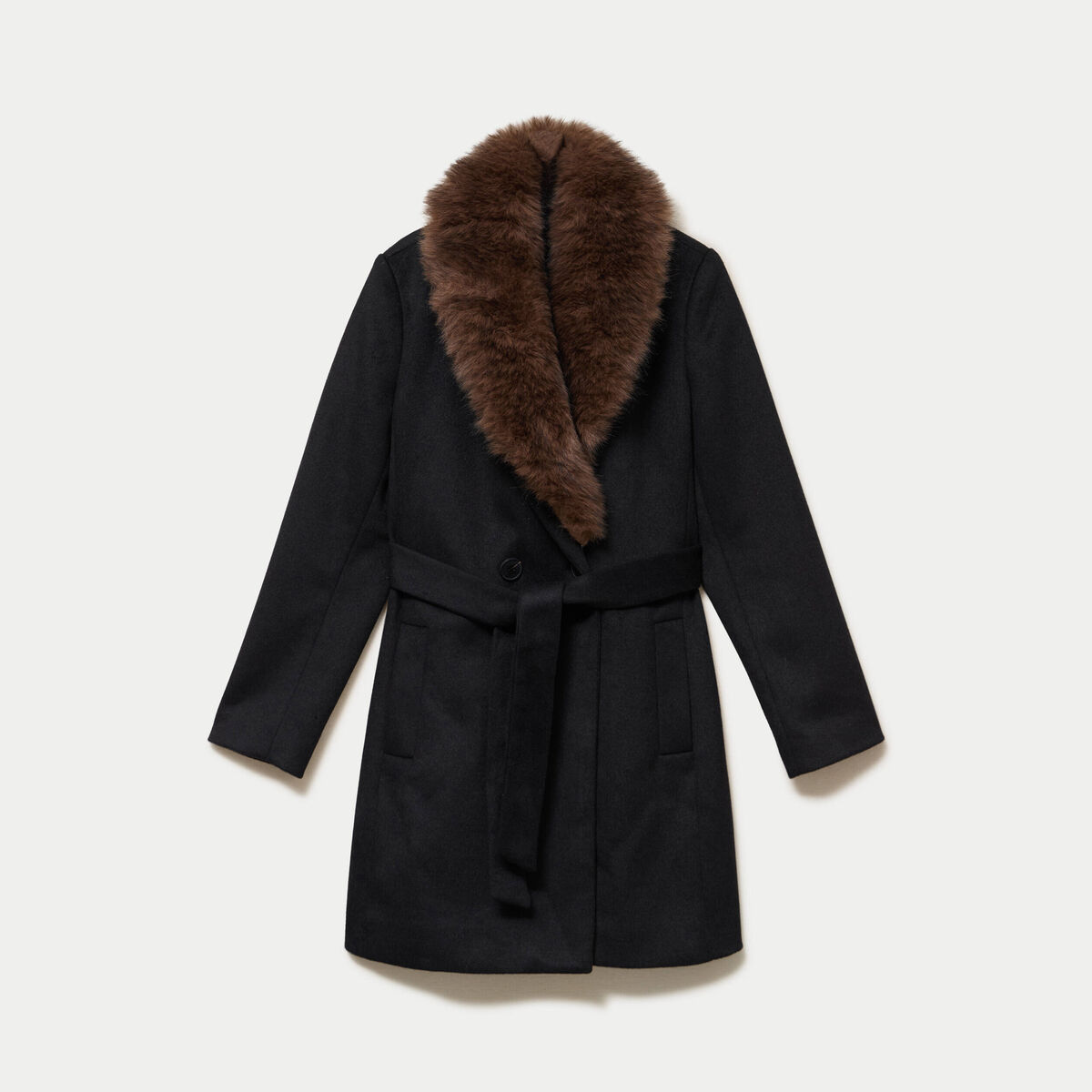 Manteau cintr&eacute; col ch&acirc;le manches longues noir femme