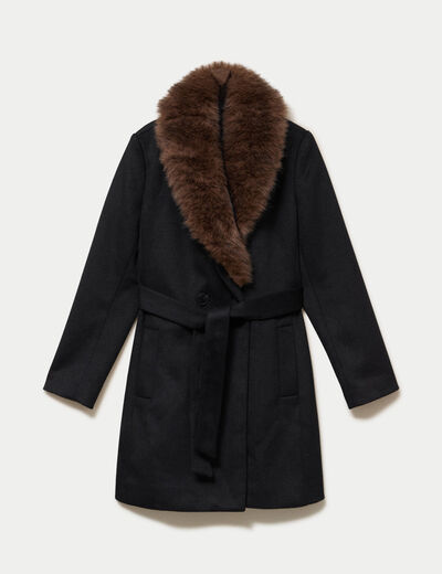 Manteau cintr&eacute; col ch&acirc;le manches longues noir femme