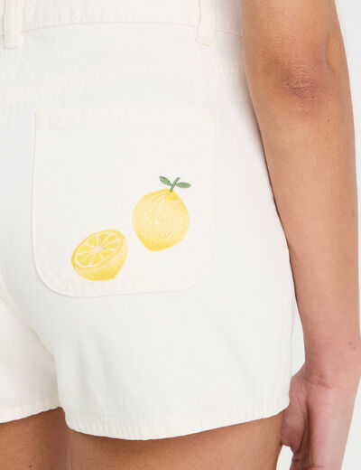 Short droit brodé en jean blanc femme
