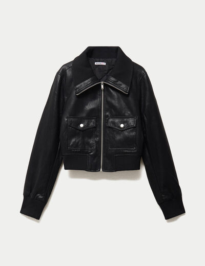 Bomber ajust&eacute; cropped similicuir noir femme