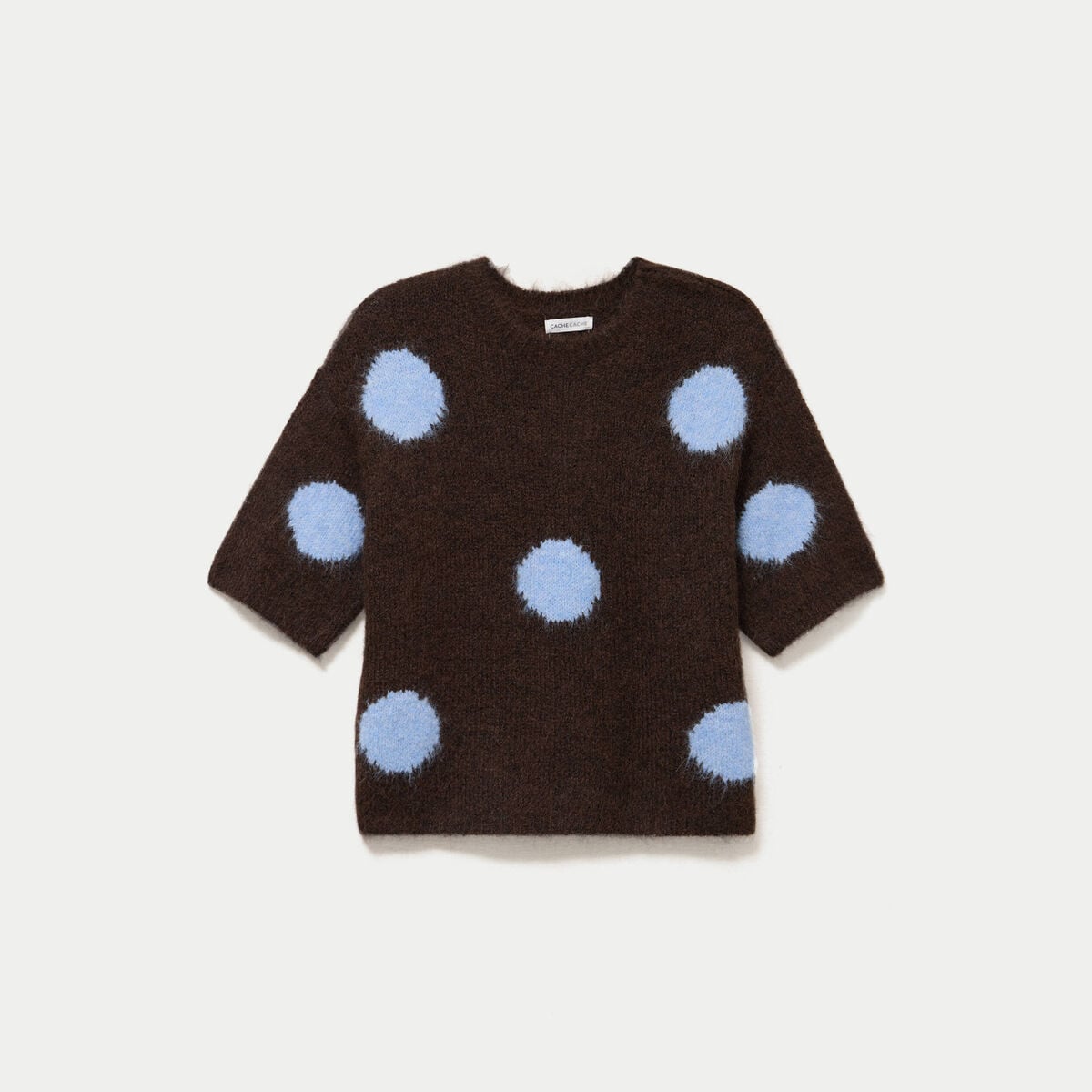 Pull col rond manches courtes marron fonc&eacute; femme