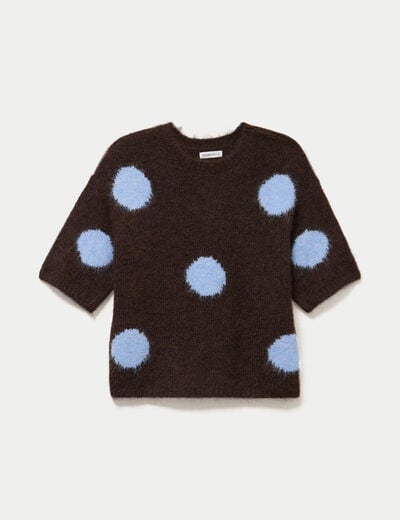 Pull col rond manches courtes marron fonc&eacute; femme