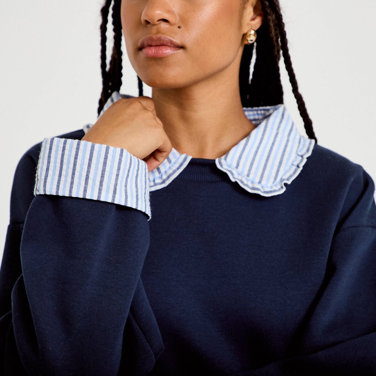 Sweat col chemise manches longues bleu marine femme