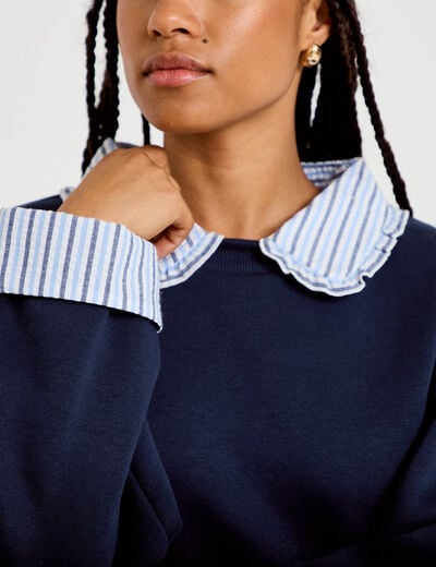 Sweat col chemise manches longues bleu marine femme