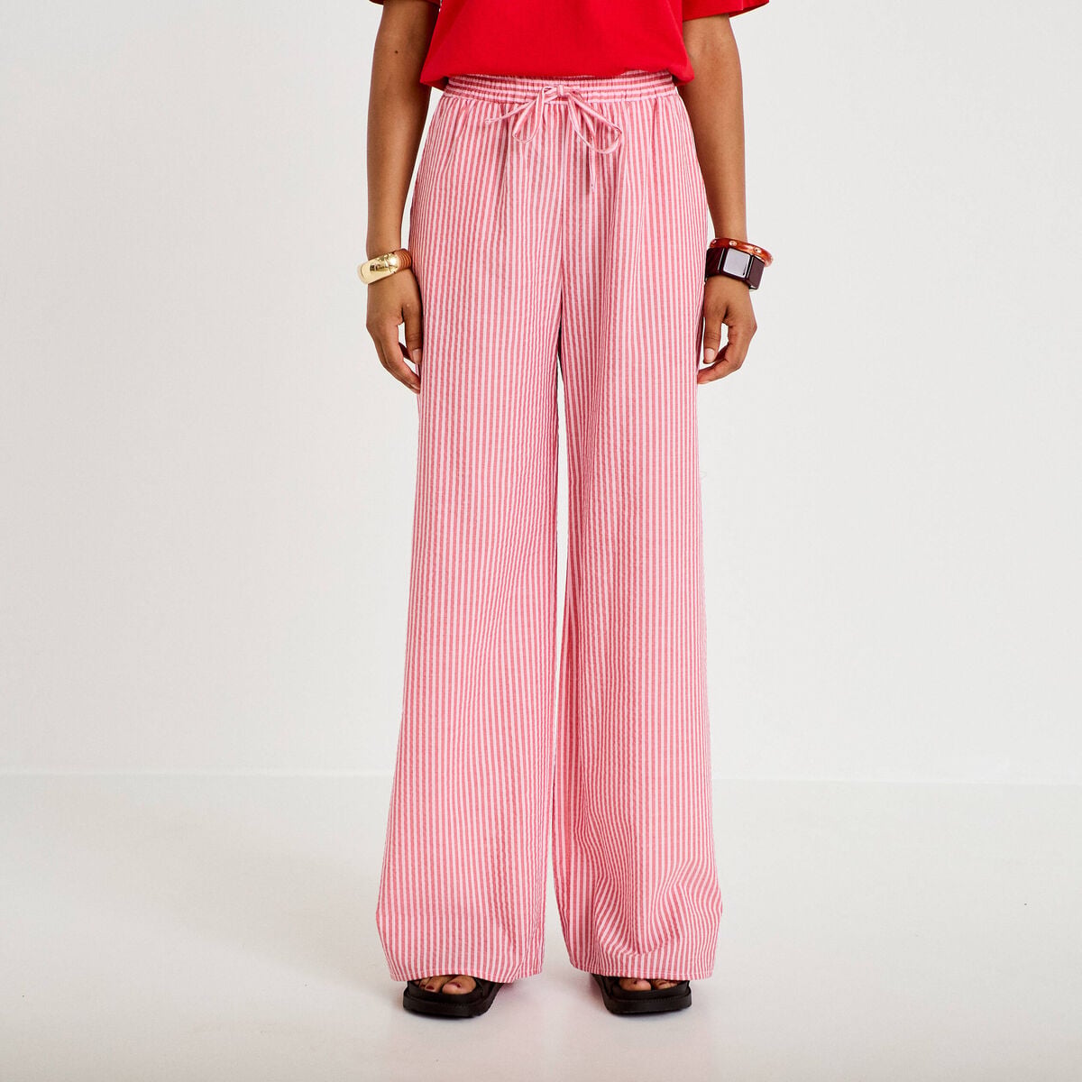 Pantalon large taille haute rouge femme
