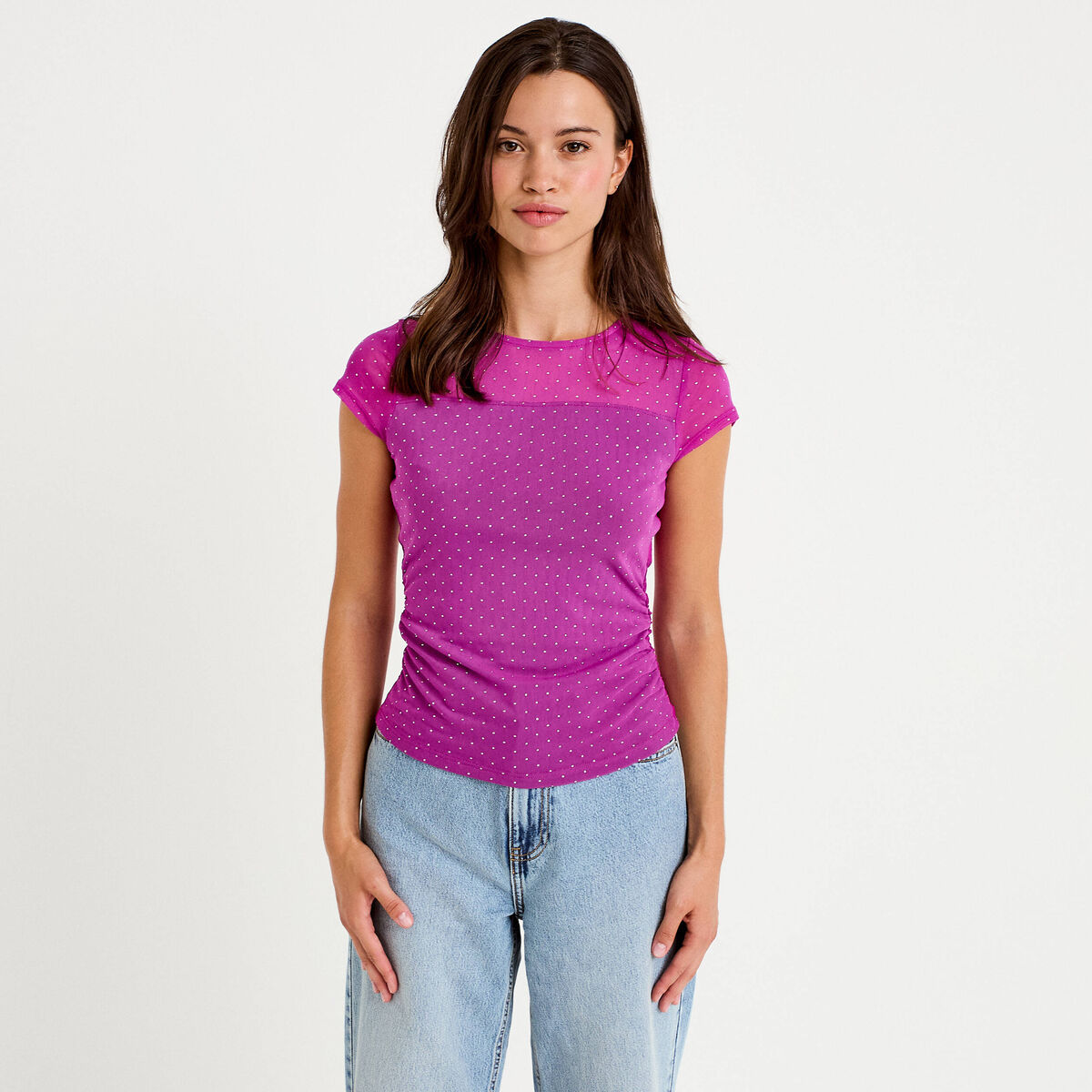 Top ajust&eacute; col rond manches courtes rose fushia femme