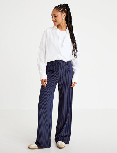 Pantalon large taille haute bleu marine femme