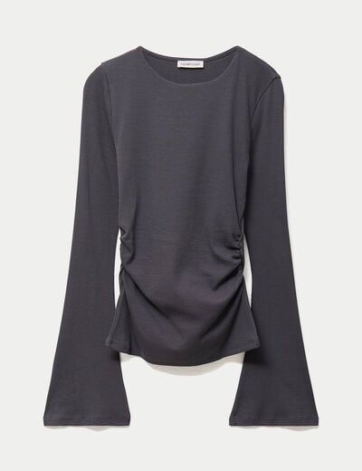 T-shirt ajust&eacute; col rond manches longues gris fonc&eacute; femme