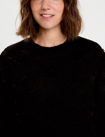Pull fleurs en relief noir femme