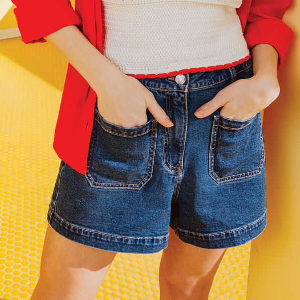 Short mom en jean denim double stone femme