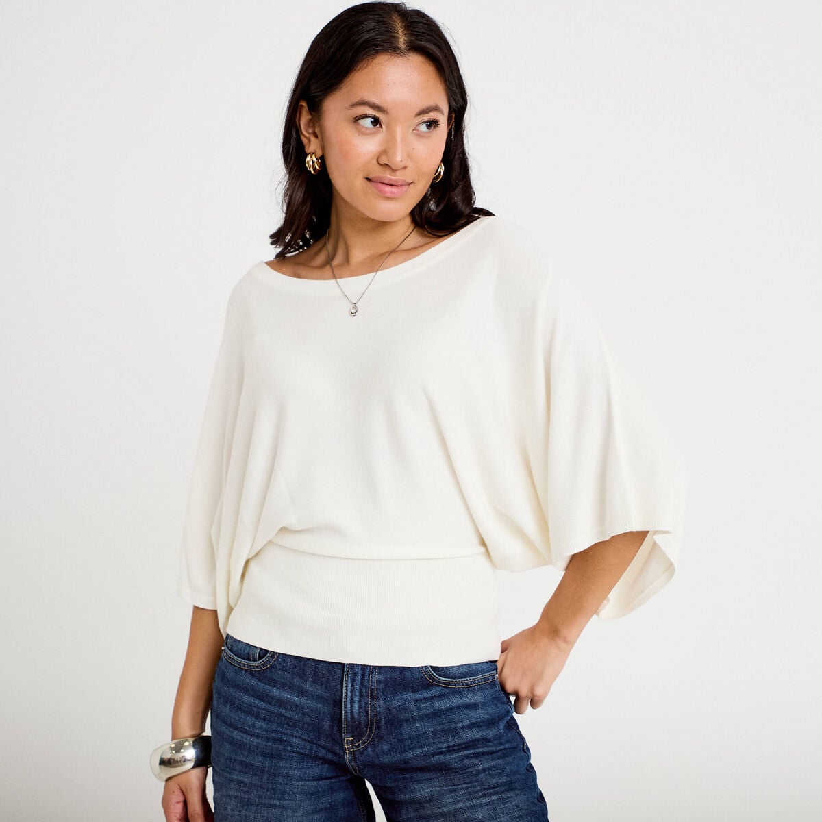 Pull ample manches courtes col rond ecru femme