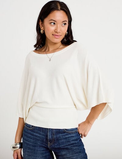 Pull ample manches courtes col rond ecru femme