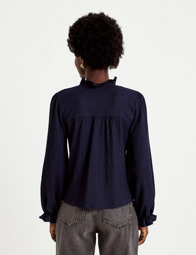 Blouse droite col montant dentelle bleu marine femme