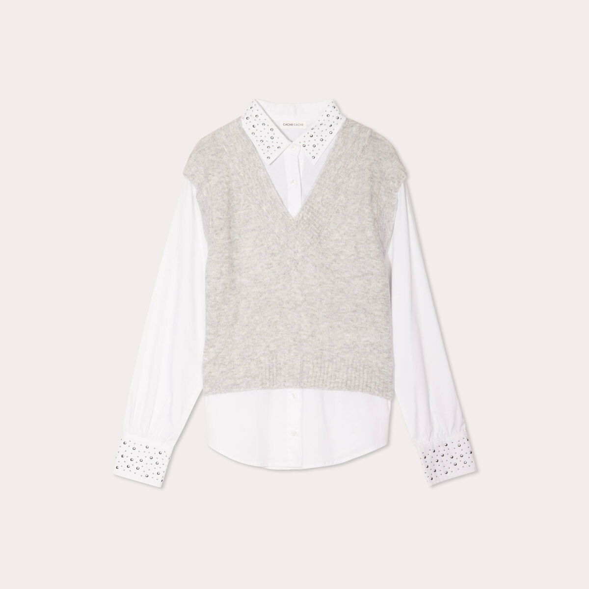 Pull manches longues 2-en-1 gris clair femme
