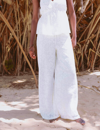 Pantalon large taille haute ecru femme
