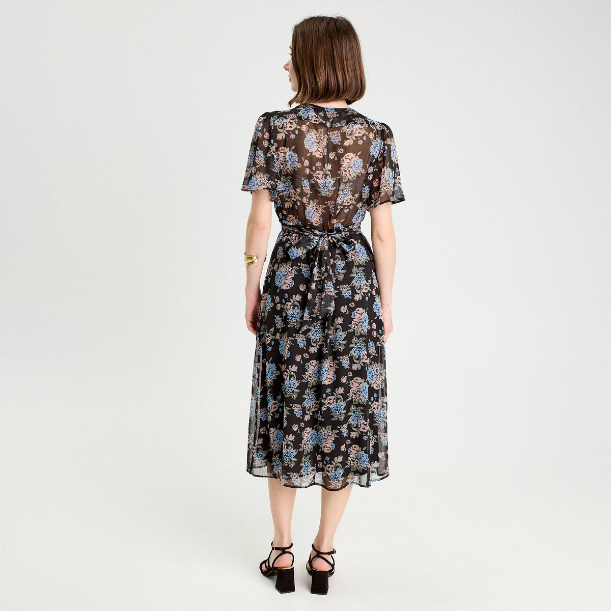 Robe midi évasée col en V noir femme