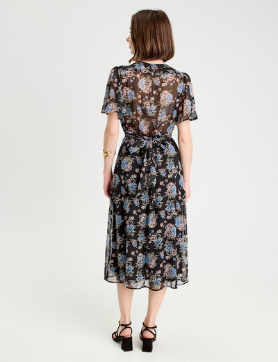 Robe midi évasée col en V noir femme
