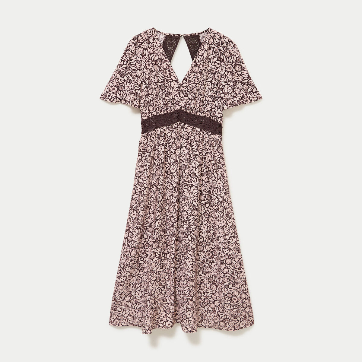 Robe longue &eacute;vas&eacute;e col v manches courtes marron femme