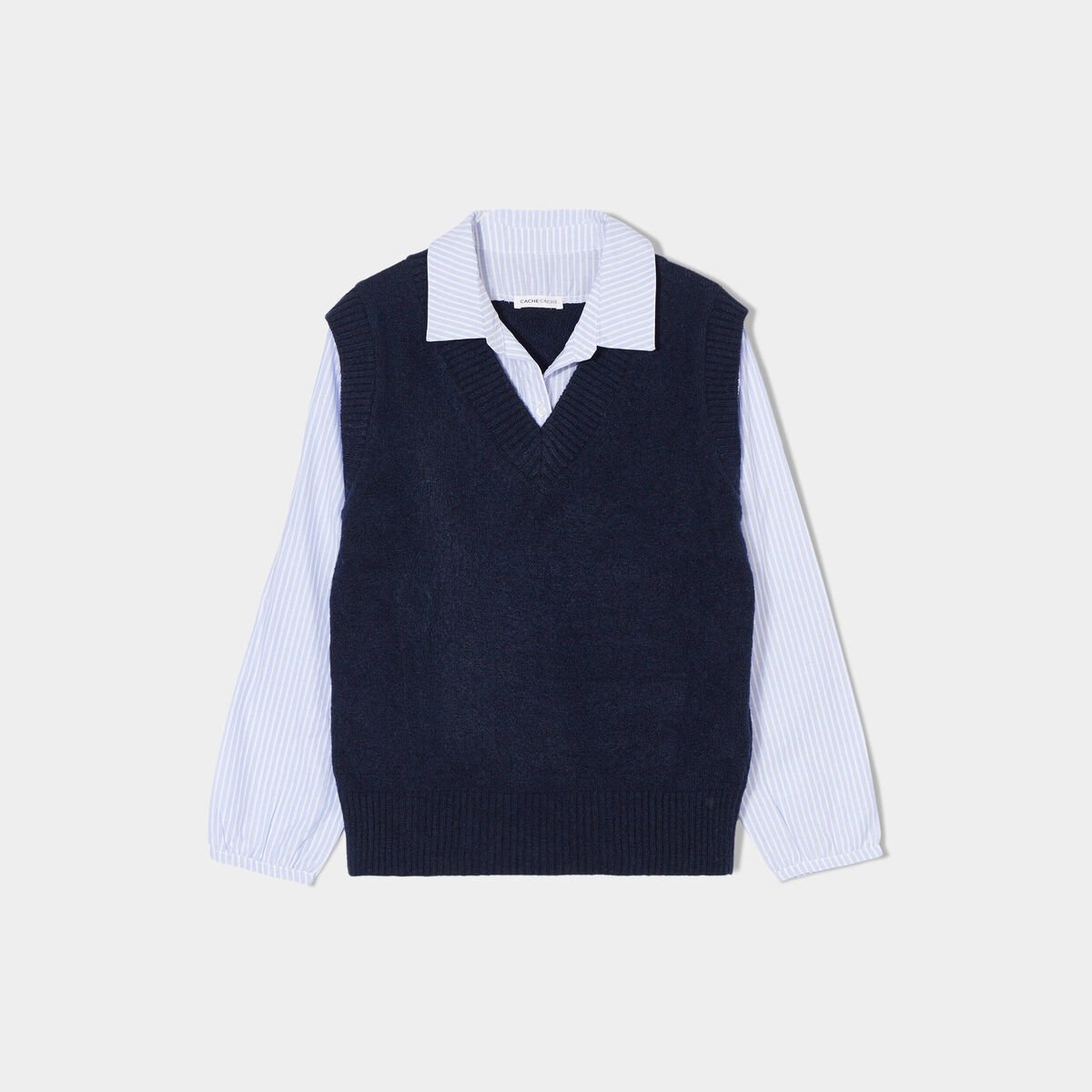 Pull 2-en-1 col en V bleu marine femme