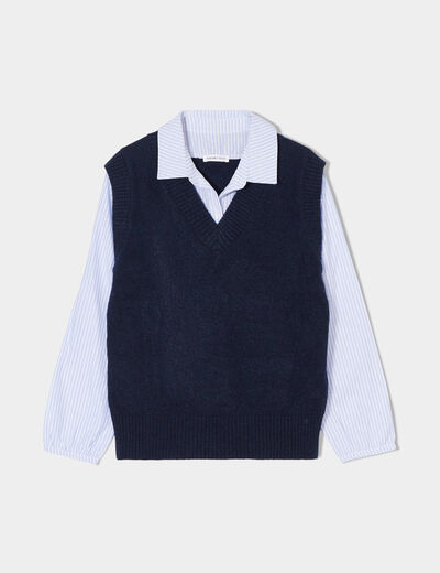 Pull 2-en-1 col en V bleu marine femme