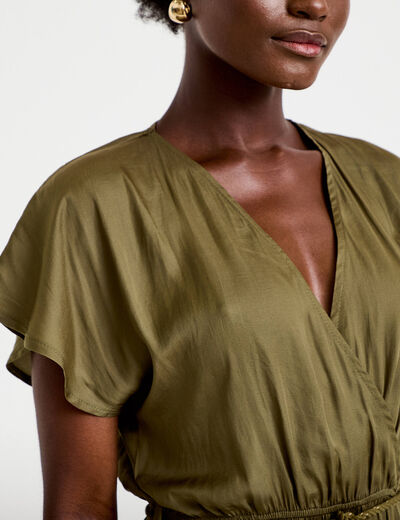 Robe longue &eacute;vas&eacute;e col v satin&eacute;e vert kaki femme