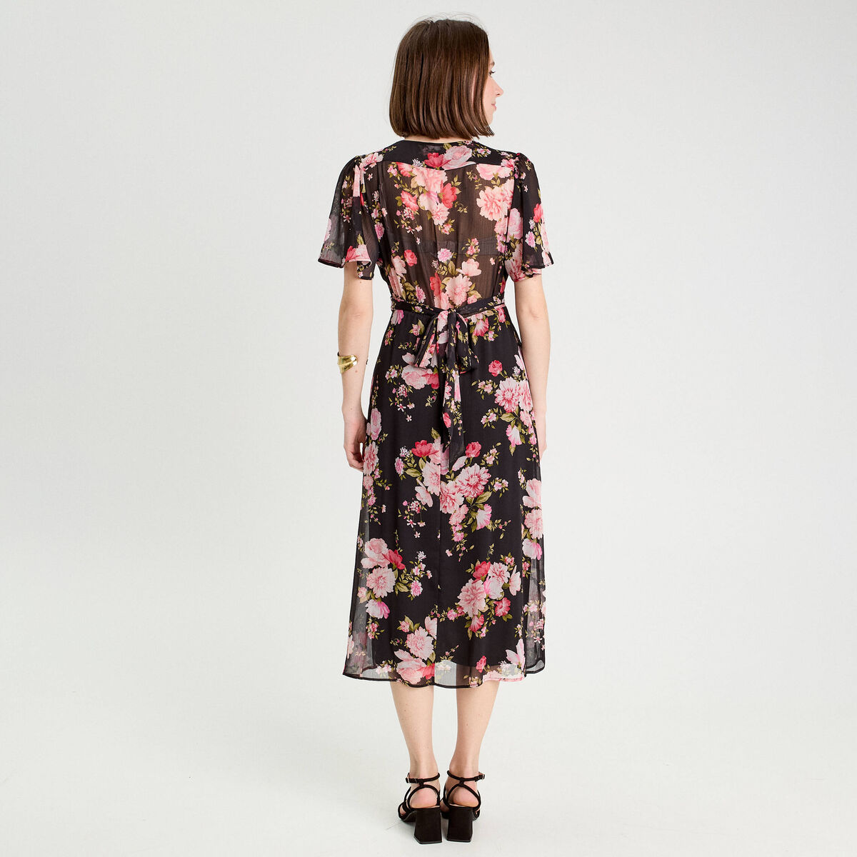Robe midi évasée col en V noir femme