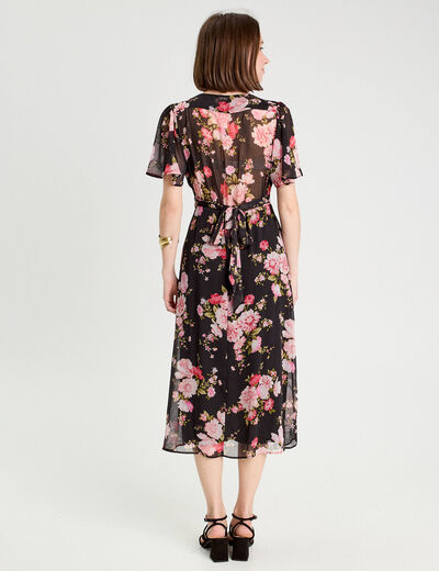 Robe midi évasée col en V noir femme