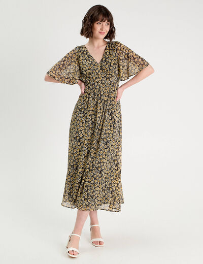 Robe longue évasée col en V jaune femme
