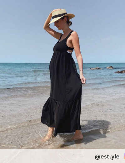 Robe longue évasée bretelles noir femme