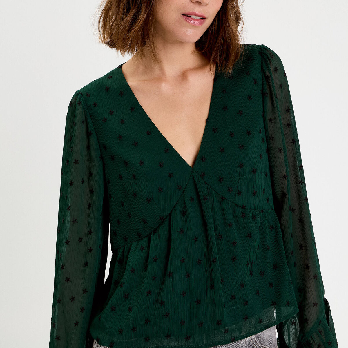 Blouse brod&eacute;e volant&eacute;e vert fonc&eacute; femme
