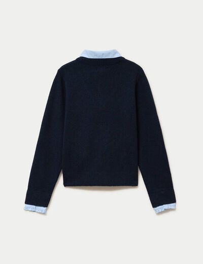 Pull col chemise manches longues bleu marine femme