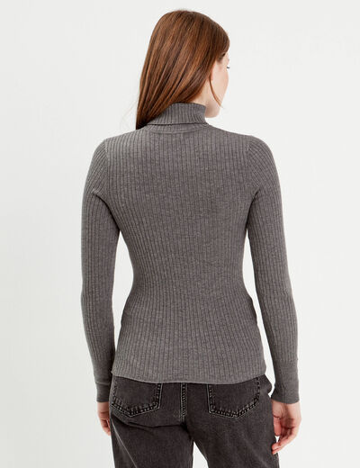 Pull col roulé côtelé gris foncé femme