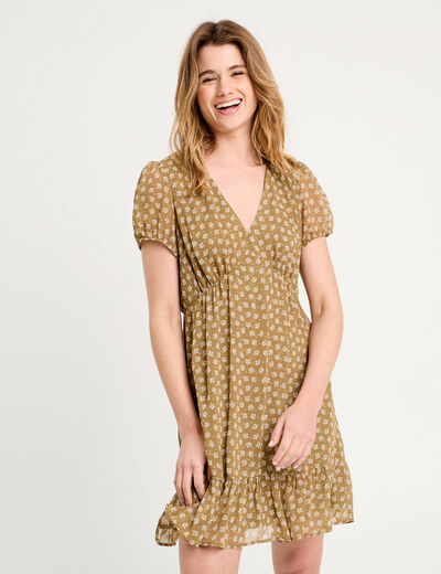 Robe évasée manches courtes vert olive femme