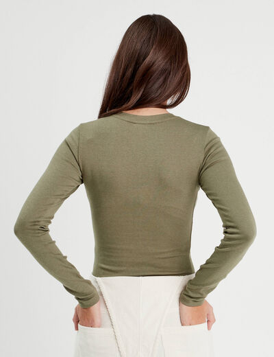 T-shirt cintr&eacute; col rond manches longues vert kaki femme