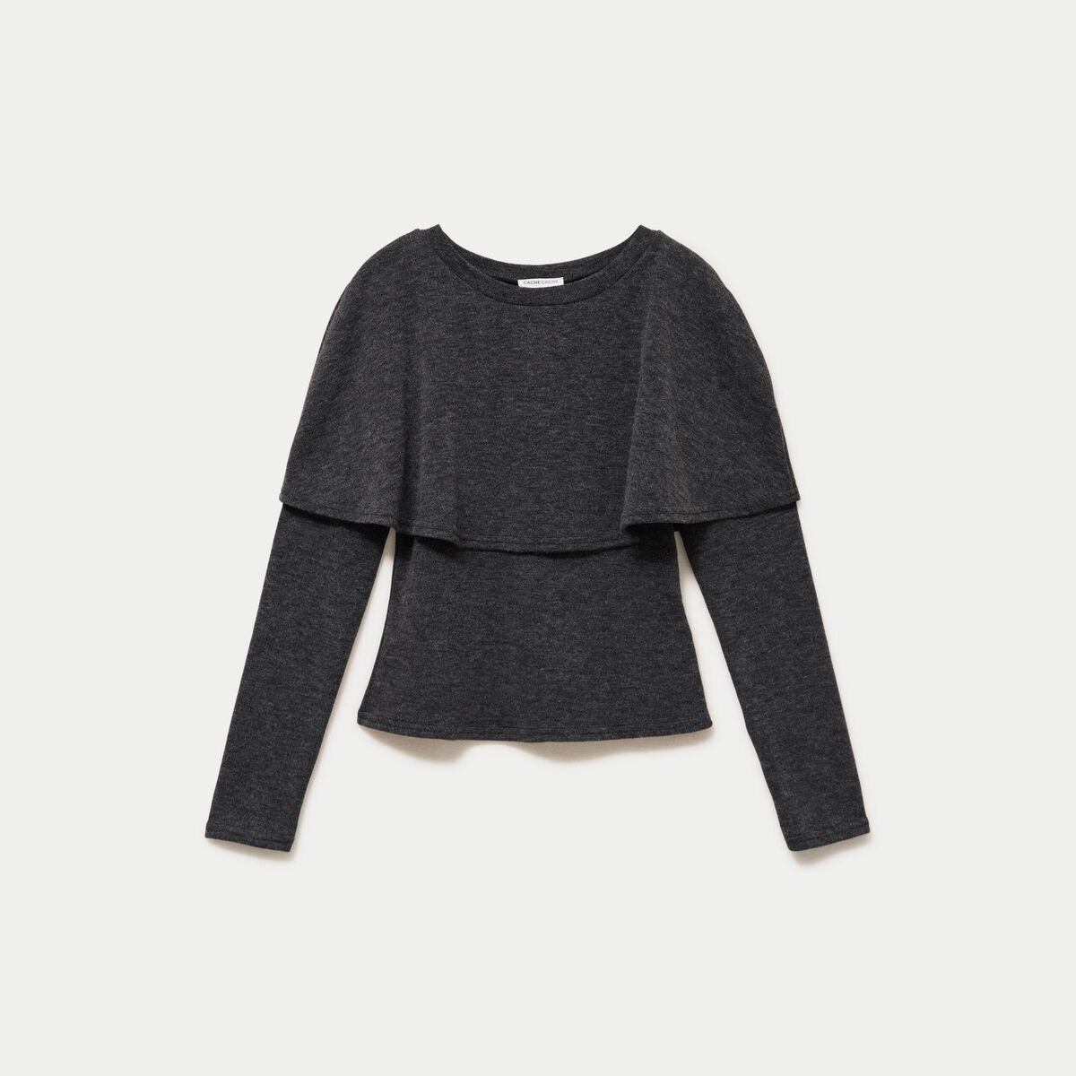 Pull cape col rond manches longues gris fonc&eacute; femme