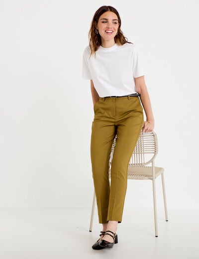 Pantalon cigarette ceintur&eacute; vert kaki femme