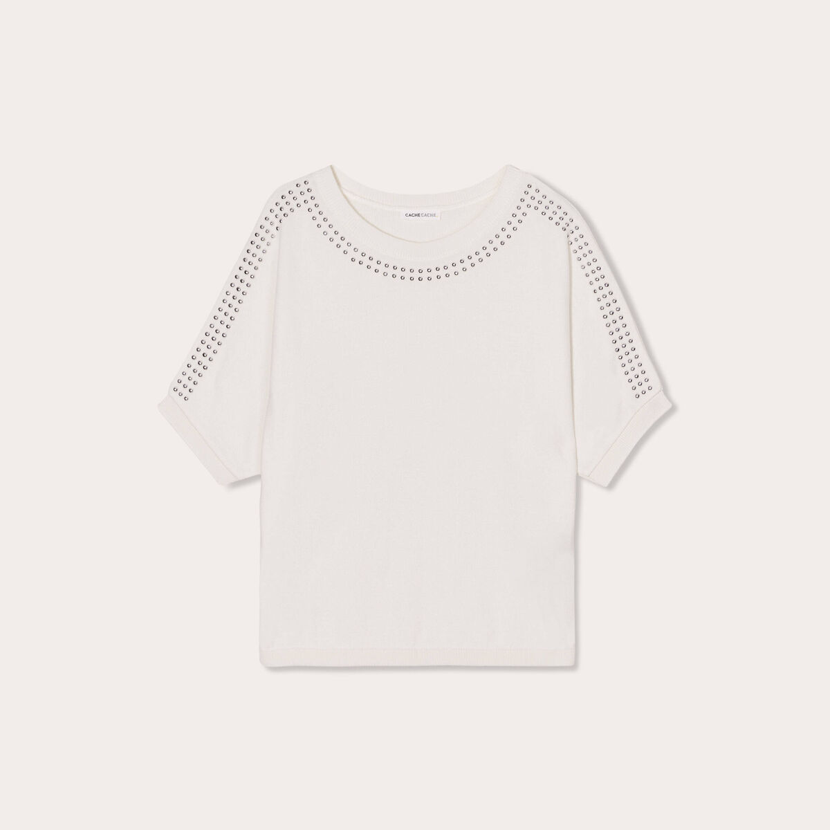 Pull manches courtes clous ecru femme