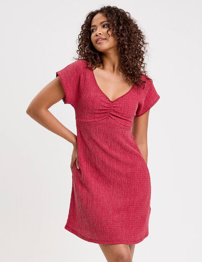 Robe courte évasée col v manches courtes rouge foncé femme